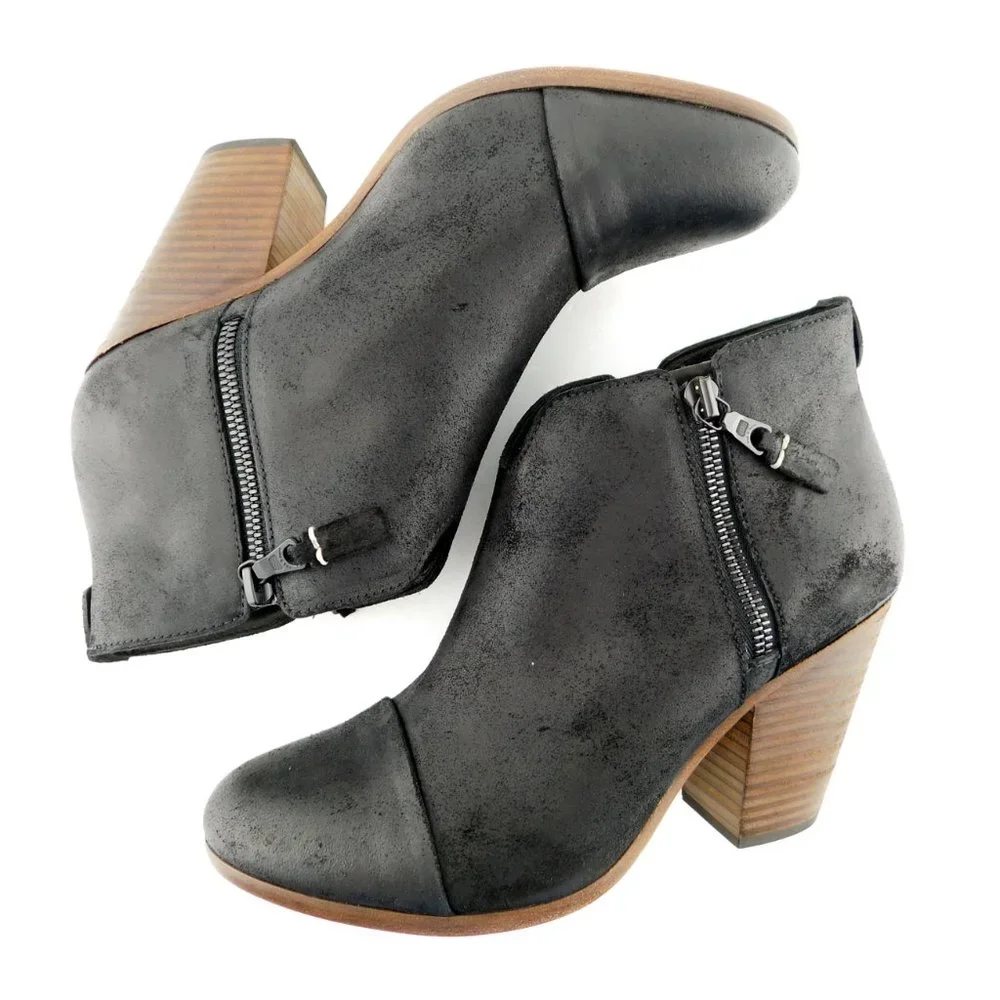New RAG & BONE Black Leather Cap Toe Block Heel Double Zipper Booties 38.5